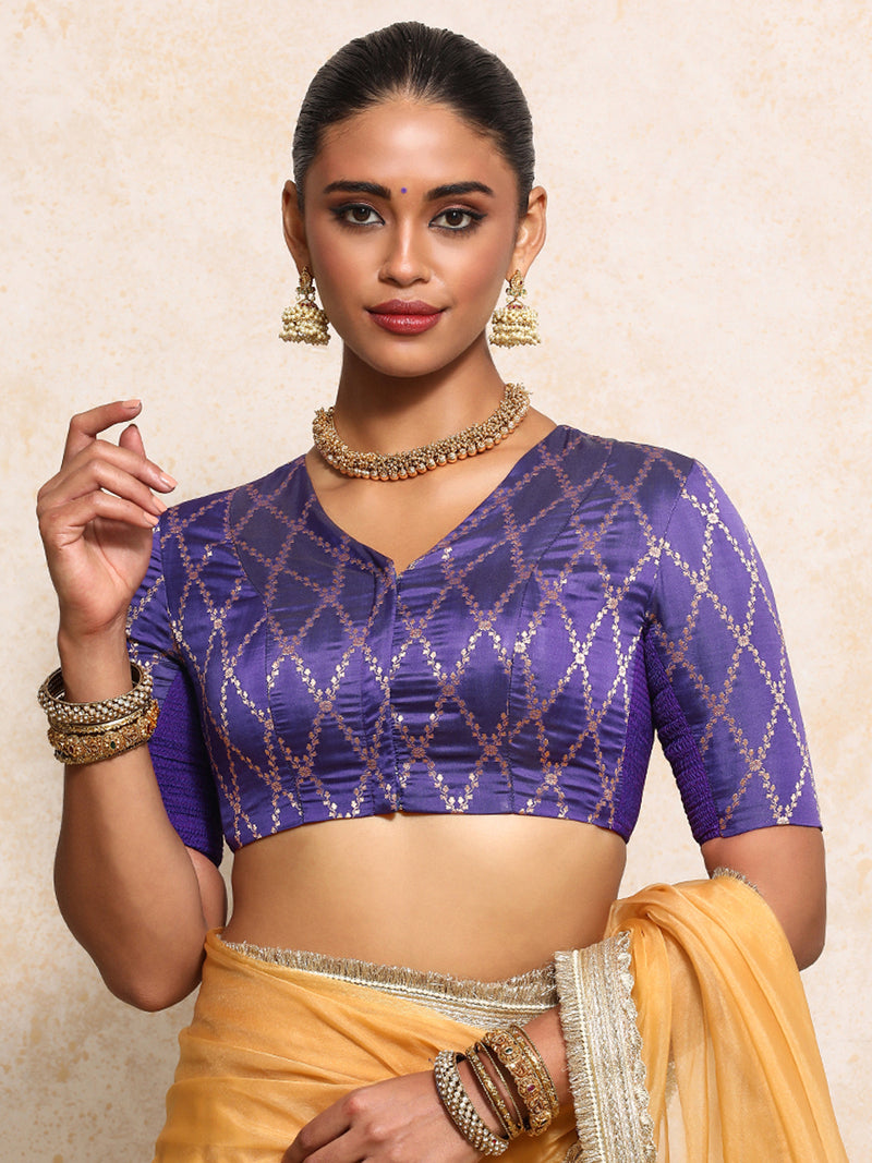 Manisha x Tyohaar | Elbow Sleeves Saree Blouse in Regal Purple Vine Mesh Brocade-Binks