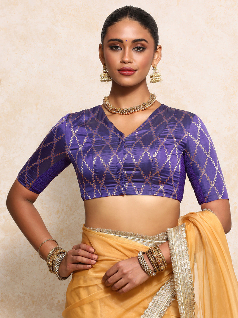 Manisha x Tyohaar | Elbow Sleeves Saree Blouse in Regal Purple Vine Mesh Brocade-Binks