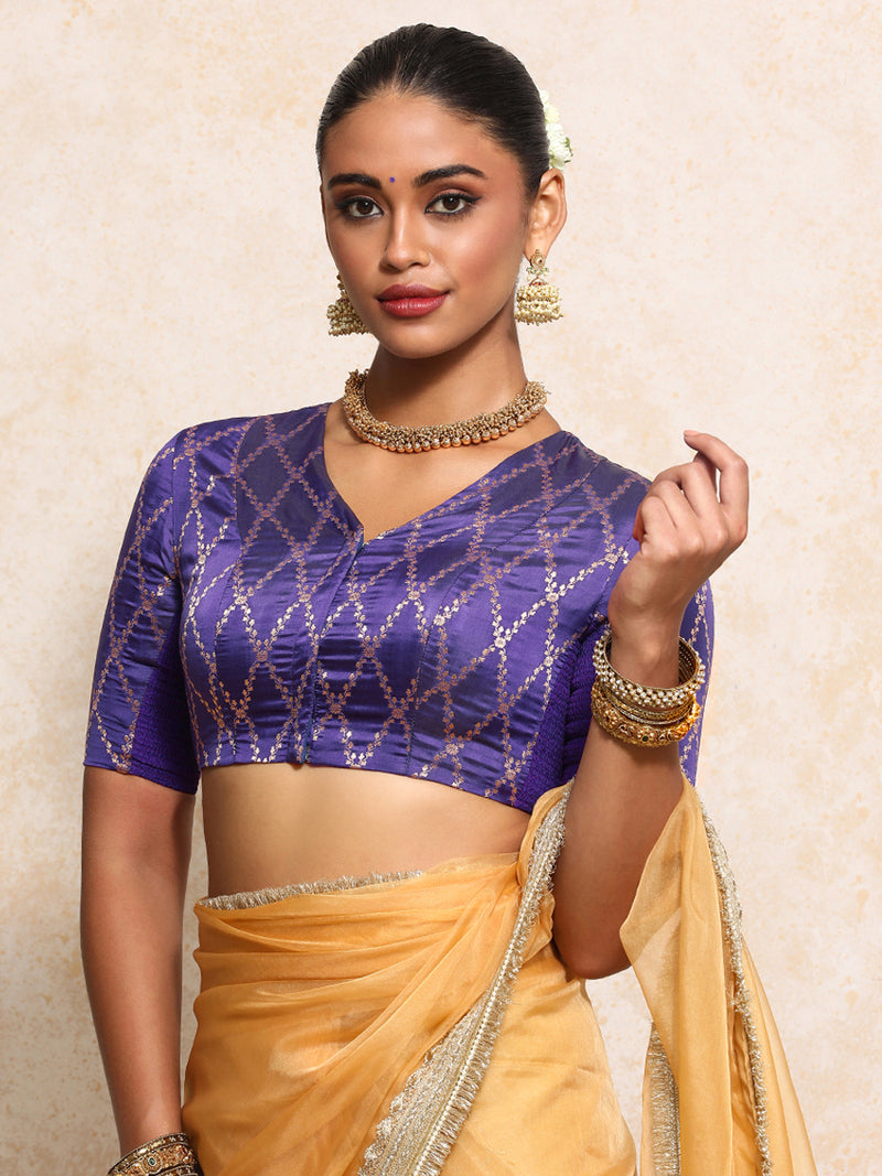 Manisha x Tyohaar | Elbow Sleeves Saree Blouse in Regal Purple Vine Mesh Brocade-Binks