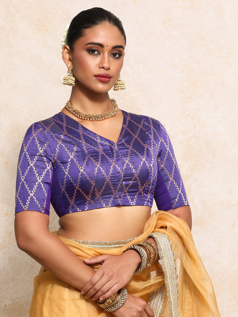 Manisha x Tyohaar | Elbow Sleeves Saree Blouse in Regal Purple Vine Mesh Brocade-Binks