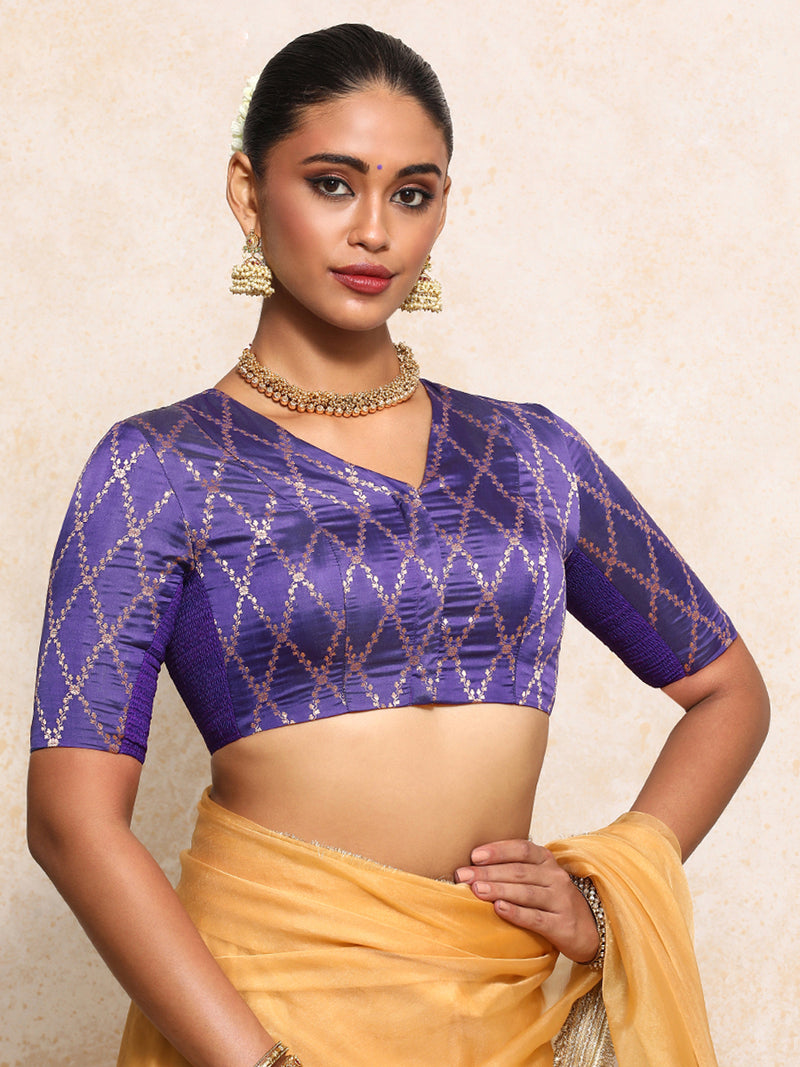 Manisha x Tyohaar | Elbow Sleeves Saree Blouse in Regal Purple Vine Mesh Brocade-Binks