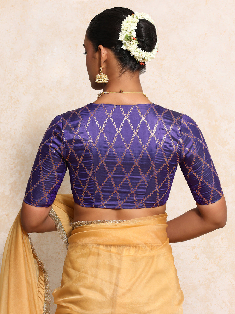 Manisha x Tyohaar Saree Blouse, in Purple Viscose Silk Brocade, featuring elbow sleeves and v-neckline (view 2).
