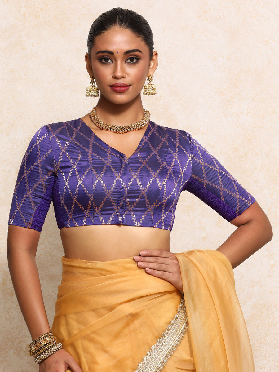 Manisha x Tyohaar Saree Blouse, in Purple Viscose Silk Brocade, featuring elbow sleeves and v-neckline (view 7).