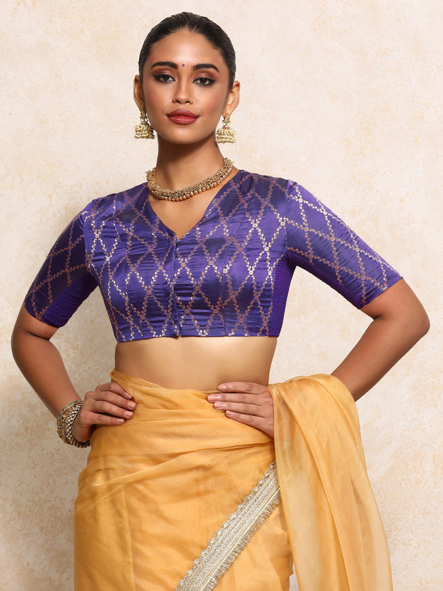 Manisha x Tyohaar Saree Blouse, in Purple Viscose Silk Brocade, featuring elbow sleeves and v-neckline (view 8).