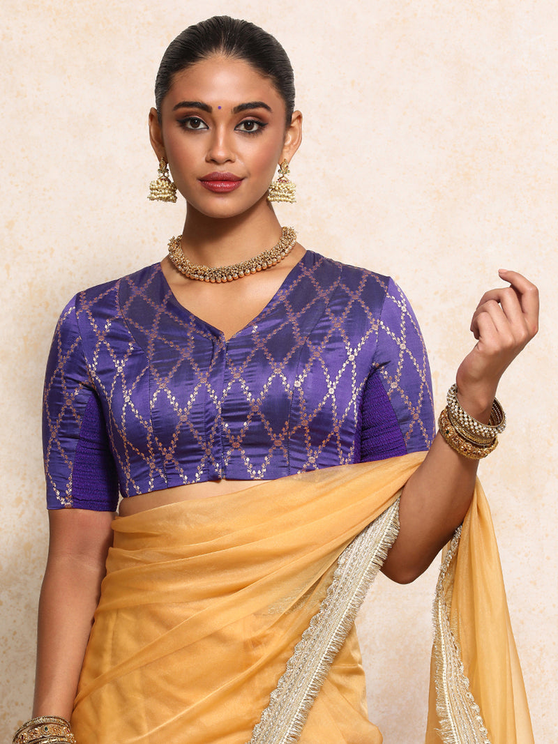 Manisha x Tyohaar | Elbow Sleeves Saree Blouse in Regal Purple Vine Mesh Brocade-Binks