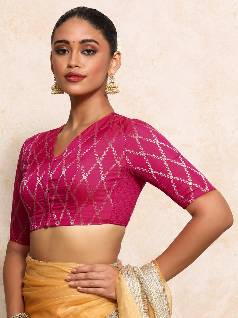 Manisha x Tyohaar | Elbow Sleeves Saree Blouse in Rosy Pink Vine Mesh Brocade-Binks