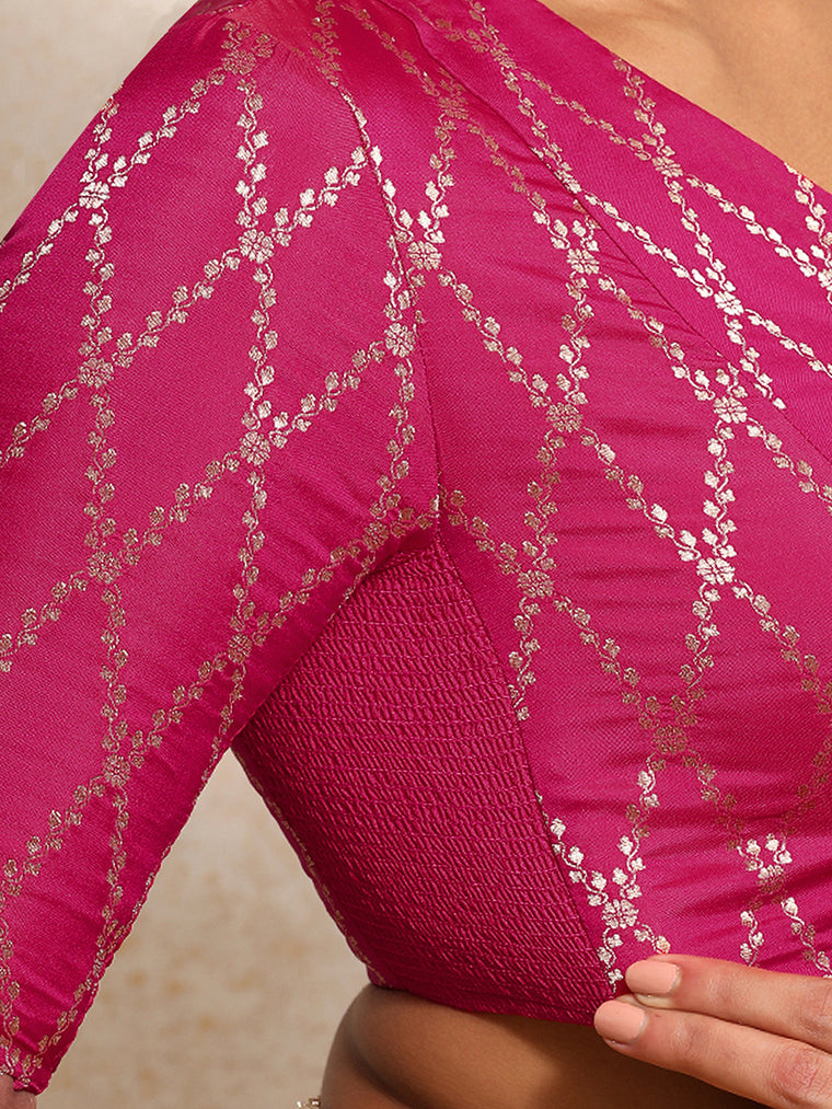 Manisha x Tyohaar Saree Blouse, in Pink Viscose Silk Brocade, featuring elbow sleeves and v-neckline (view 2).