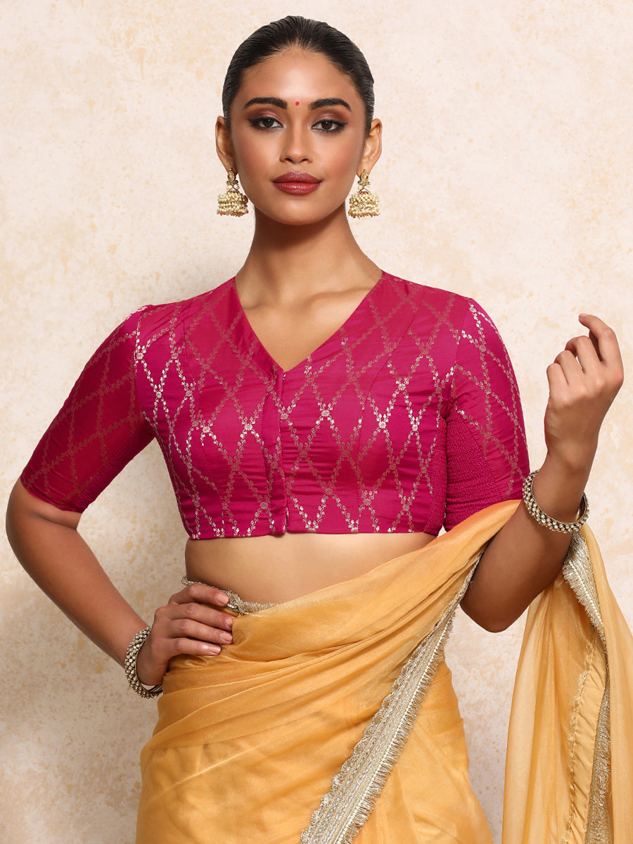 Manisha x Tyohaar Saree Blouse, in Pink Viscose Silk Brocade, featuring elbow sleeves and v-neckline (view 4).