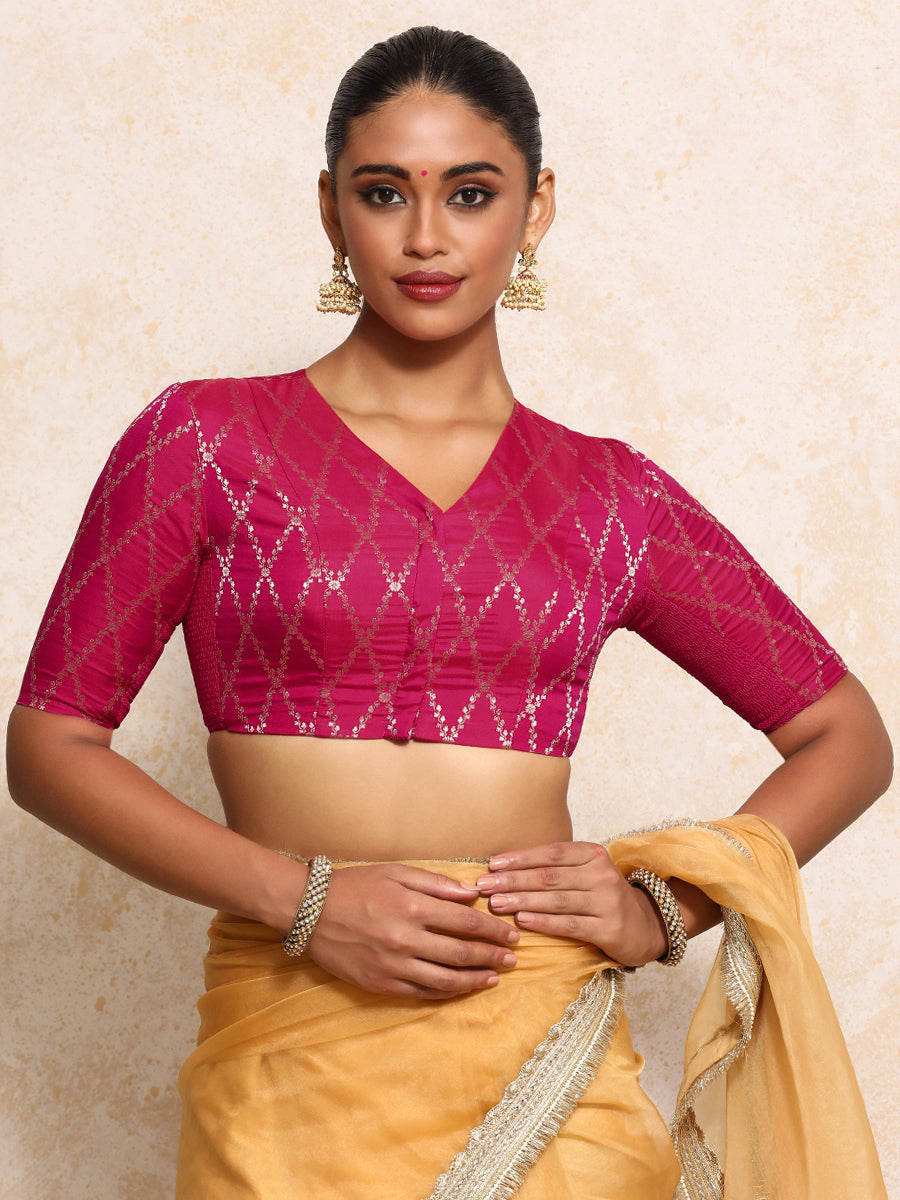 Manisha x Tyohaar Saree Blouse, in Pink Viscose Silk Brocade, featuring elbow sleeves and v-neckline (view 5).