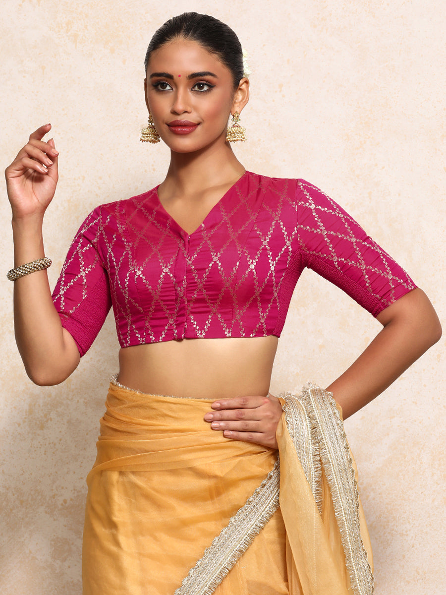 Manisha x Tyohaar Saree Blouse, in Pink Viscose Silk Brocade, featuring elbow sleeves and v-neckline (view 6).