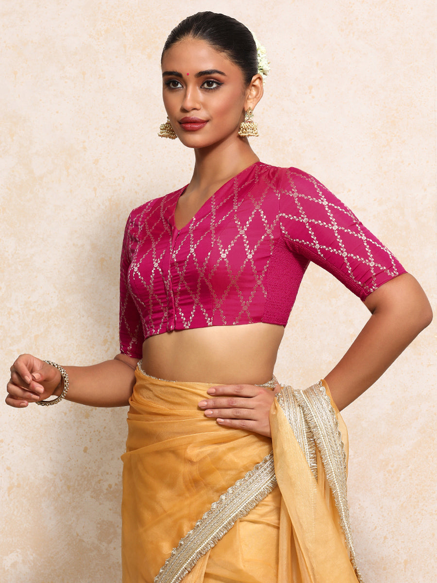 Manisha x Tyohaar Saree Blouse, in Pink Viscose Silk Brocade, featuring elbow sleeves and v-neckline (view 8).