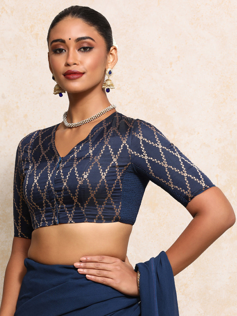 Manisha x Tyohaar | Elbow Sleeves Saree Blouse in Royal Navy Vine Mesh Brocade-Binks