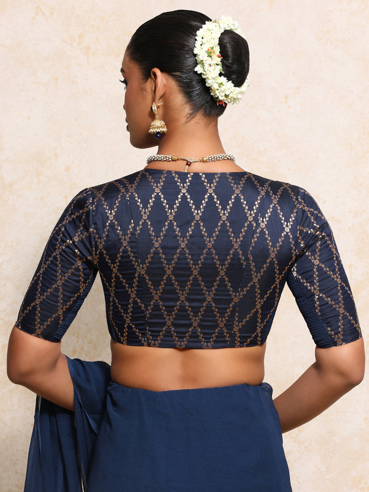 Manisha x Tyohaar Saree Blouse, in Blue Viscose Silk Brocade, featuring elbow sleeves and v-neckline (view 2).