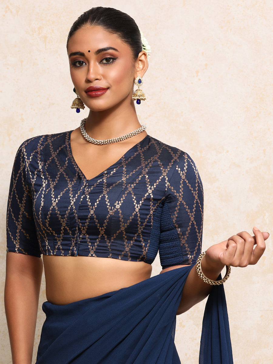 Manisha x Tyohaar Saree Blouse, in Blue Viscose Silk Brocade, featuring elbow sleeves and v-neckline (view 8).