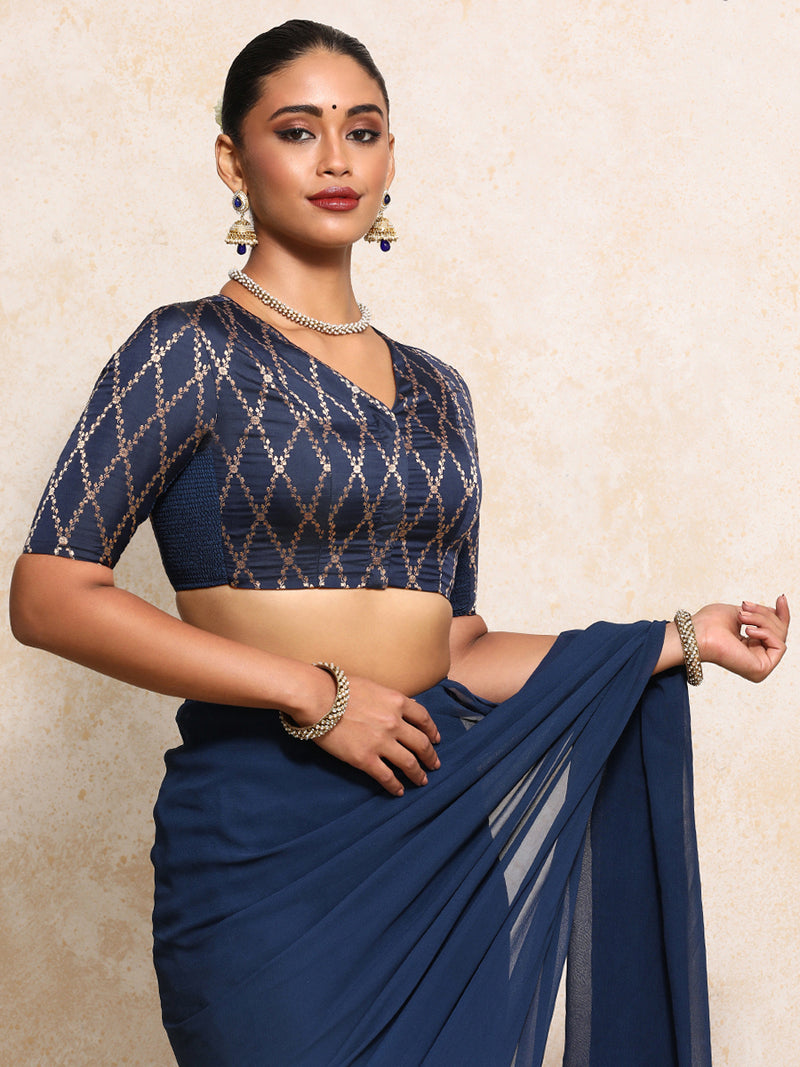 Manisha x Tyohaar | Elbow Sleeves Saree Blouse in Royal Navy Vine Mesh Brocade-Binks