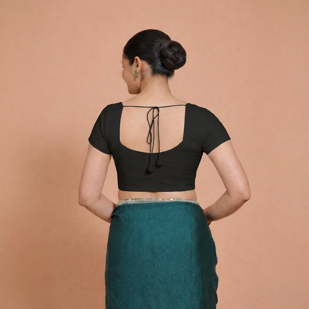 Mansi x Rozaana Saree Blouse, in Black 100% Cotton, featuring short sleeves and sweetheart neckline, made for daily & work.