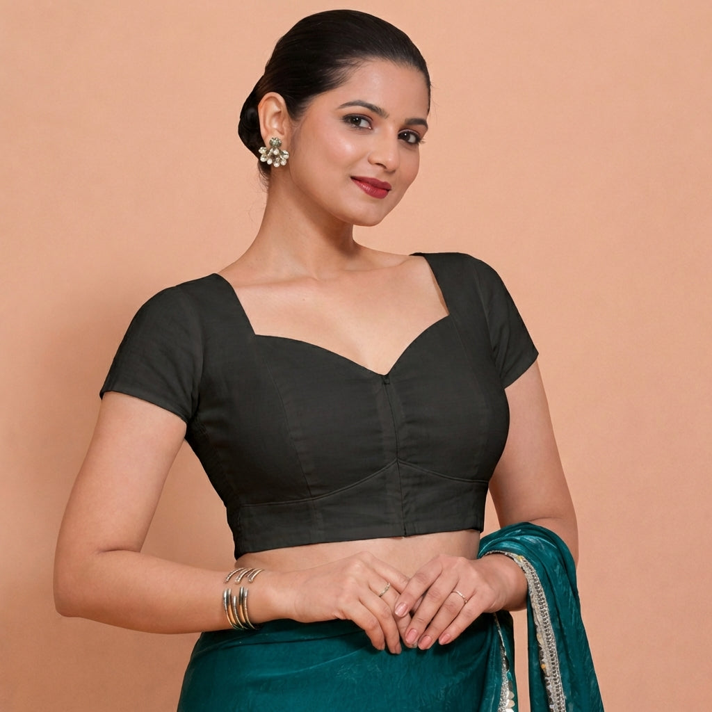 Mansi x Rozaana Saree Blouse, in Black 100% Cotton, featuring short sleeves and sweetheart neckline, made for daily & work.