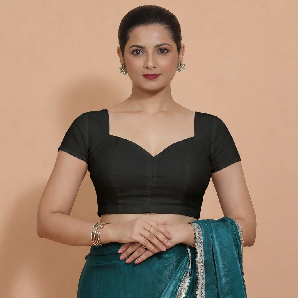 Mansi x Rozaana Saree Blouse, in Black 100% Cotton, featuring short sleeves and sweetheart neckline, made for daily & work.