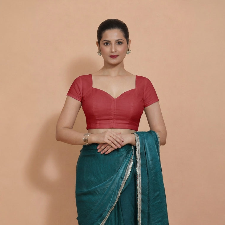 Mansi x Rozaana Saree Blouse, in Red 100% Cotton, featuring short sleeves and sweetheart neckline, made for daily & work.