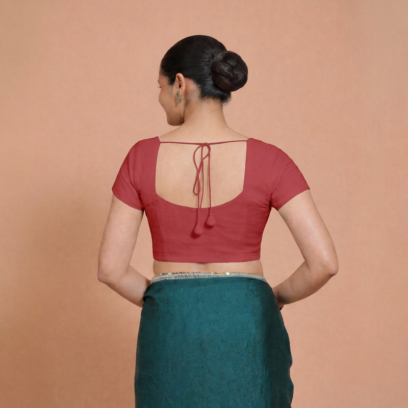 Mansi x Rozaana | Short Sleeves Carmine Red Cotton Saree Blouse-Binks