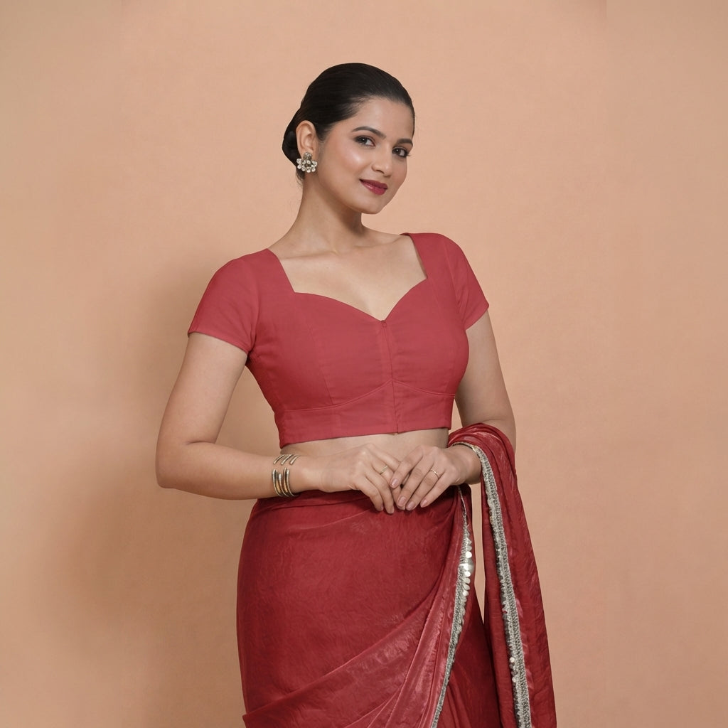 Mansi x Rozaana Saree Blouse, in Red 100% Cotton, featuring short sleeves and sweetheart neckline, made for daily & work.