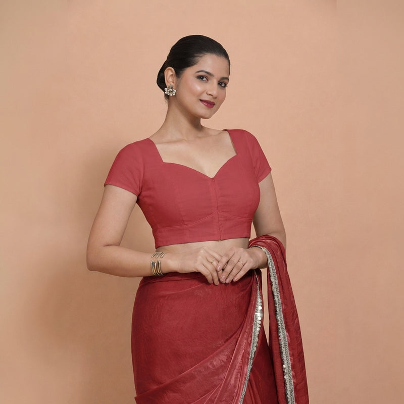 Mansi x Rozaana | Short Sleeves Carmine Red Cotton Saree Blouse-Binks