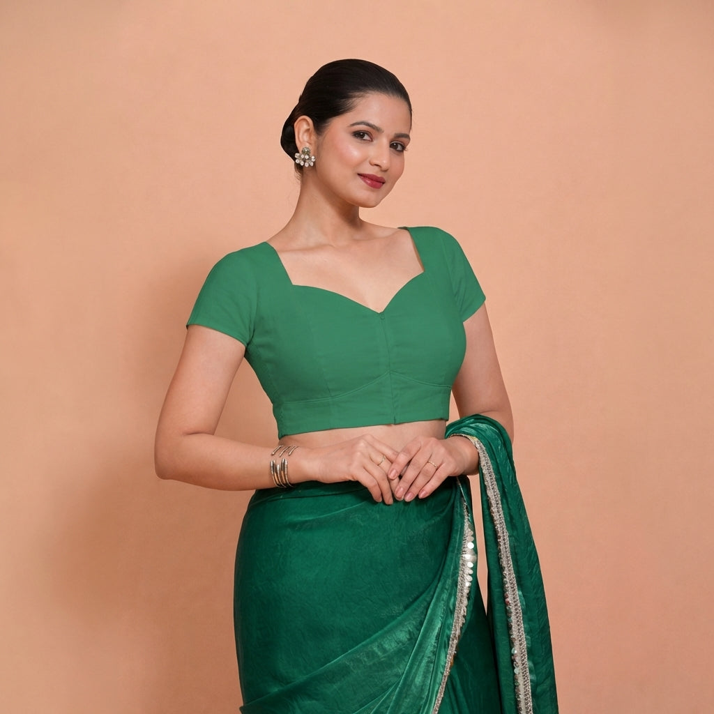 Mansi x Rozaana Saree Blouse, in Green 100% Cotton, featuring short sleeves and sweetheart neckline, made for daily & work.