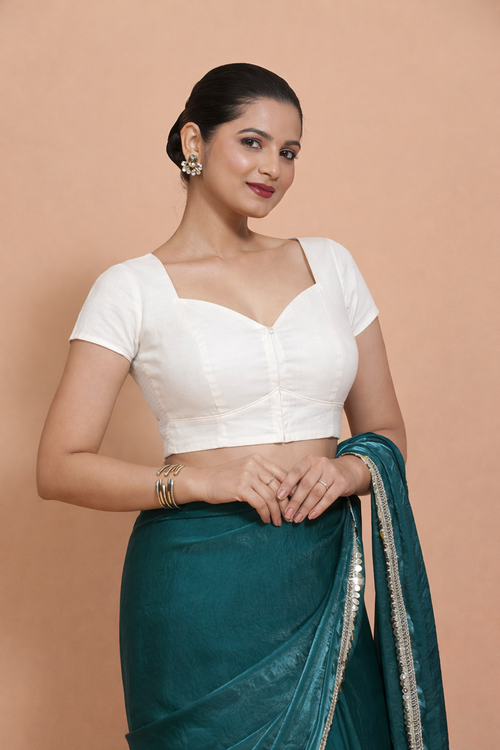 Mansi x Rozaana Saree Blouse, in White 100% Cotton, featuring short sleeves and sweetheart neckline, made for daily & work.