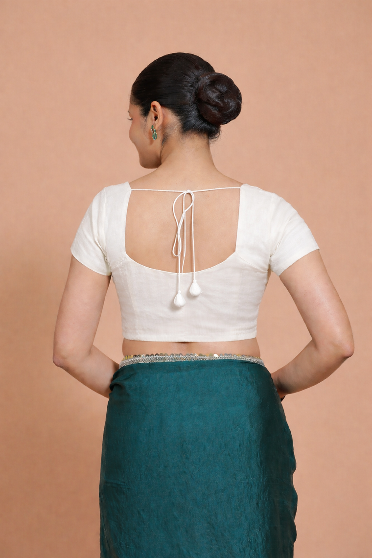 Mansi x Rozaana Saree Blouse, in White 100% Cotton, featuring short sleeves and sweetheart neckline, made for daily & work.