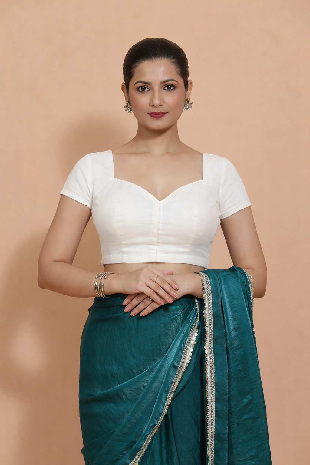 Mansi x Rozaana Saree Blouse, in White 100% Cotton, featuring short sleeves and sweetheart neckline, made for daily & work.