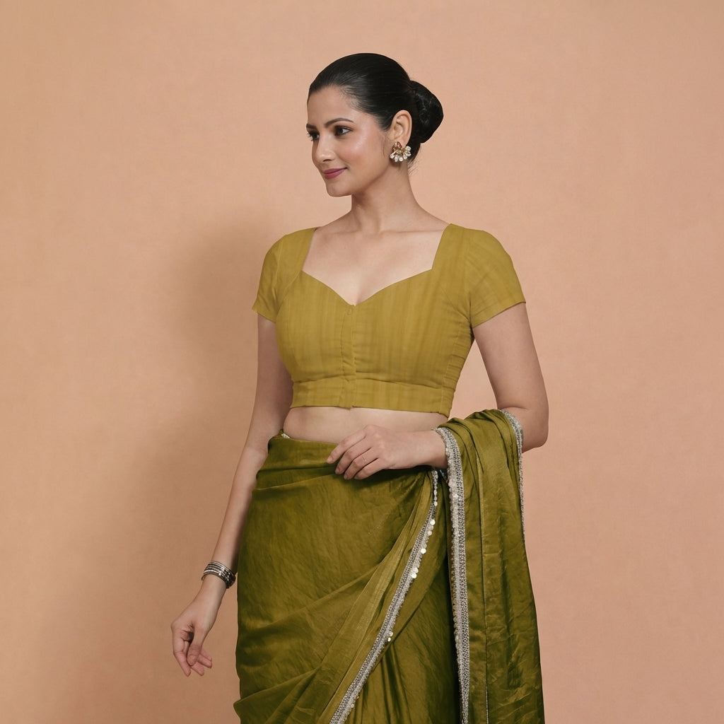 Mansi x Rozaana Saree Blouse, in Yellow 100% Cotton, featuring short sleeves and sweetheart neckline, made for daily & work.