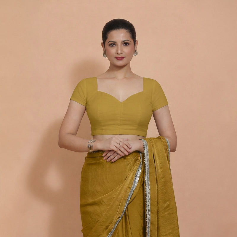 Mansi x Rozaana | Short Sleeves Khaki Cotton Saree Blouse-Binks