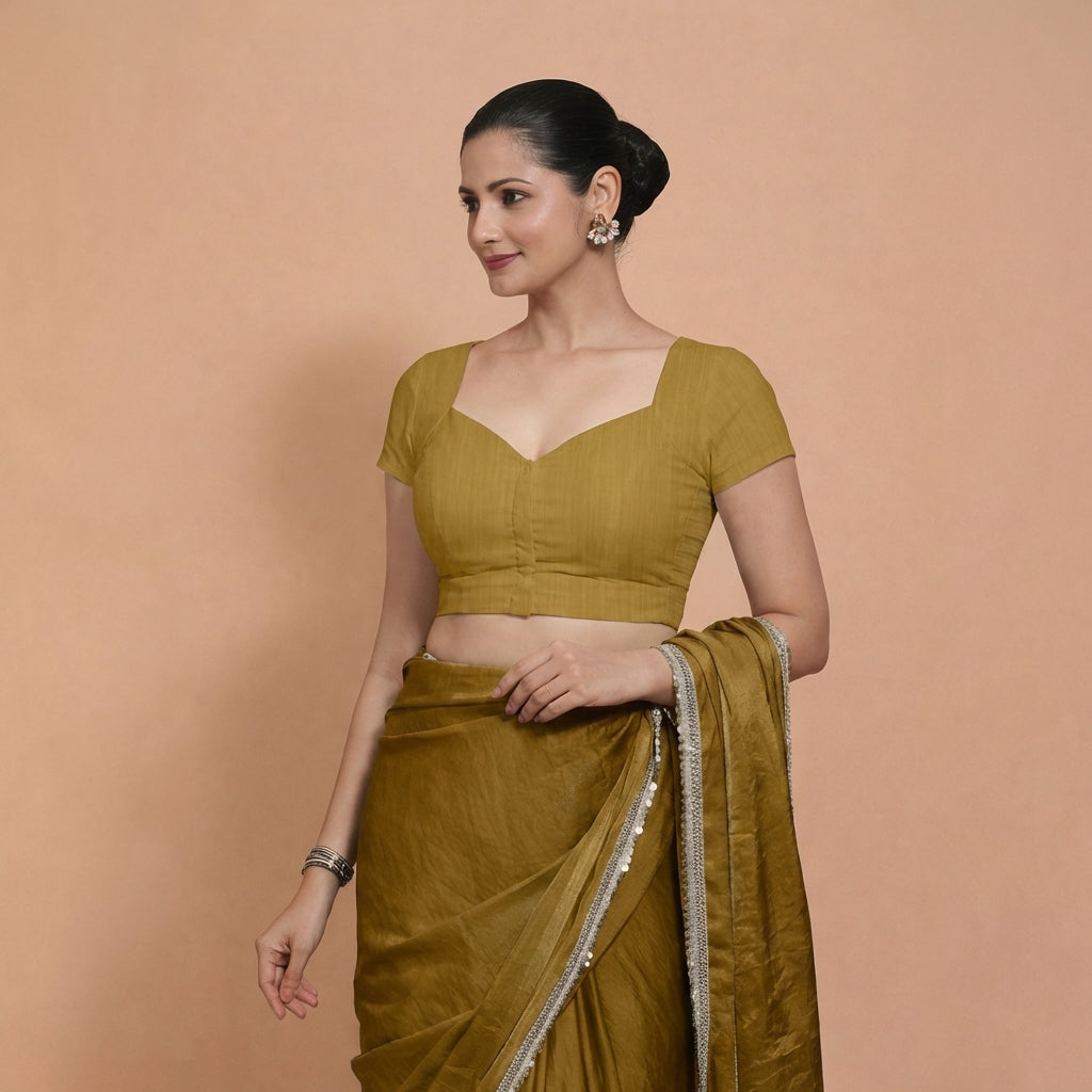 Mansi x Rozaana Saree Blouse, in Yellow 100% Cotton, featuring short sleeves and sweetheart neckline, made for daily & work.