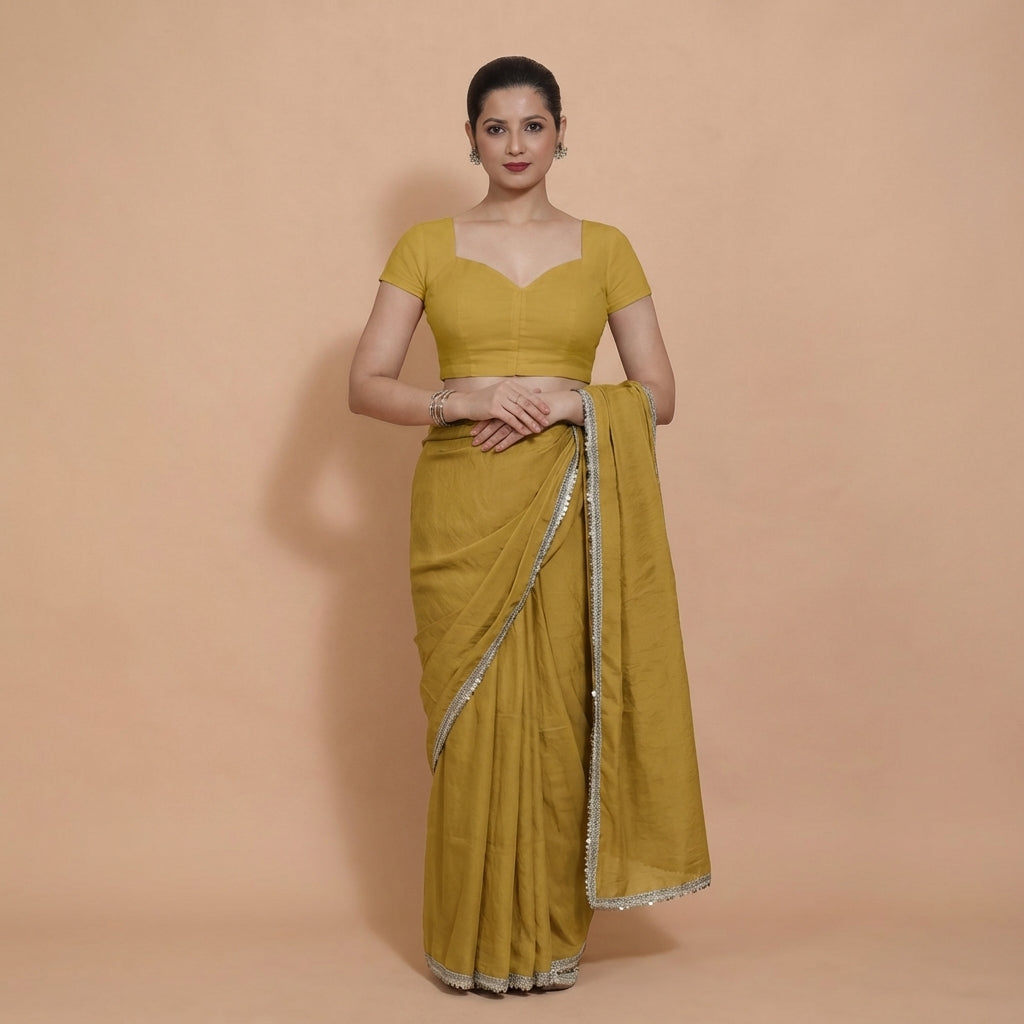 Mansi x Rozaana Saree Blouse, in Yellow 100% Cotton, featuring short sleeves and sweetheart neckline, made for daily & work.