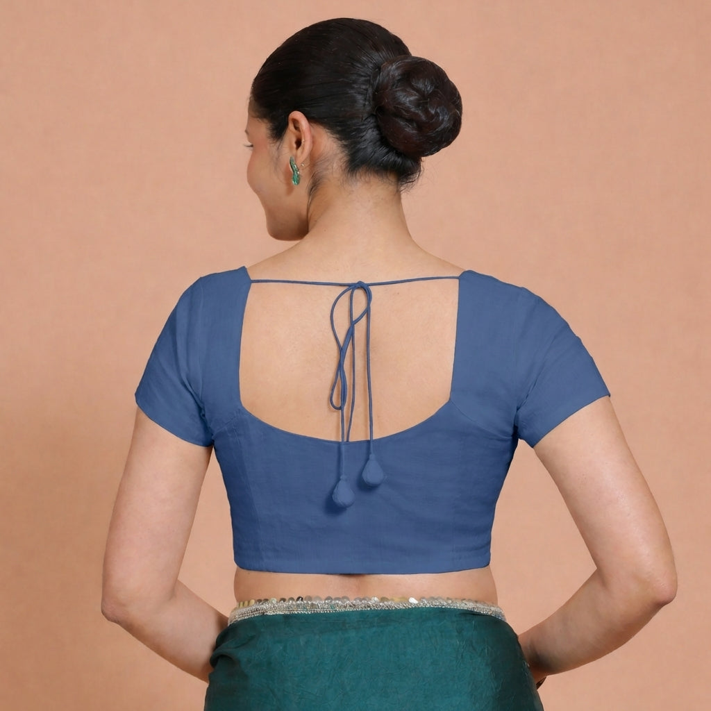 Mansi x Rozaana Saree Blouse, in Blue 100% Cotton, featuring short sleeves and sweetheart neckline, made for daily & work.