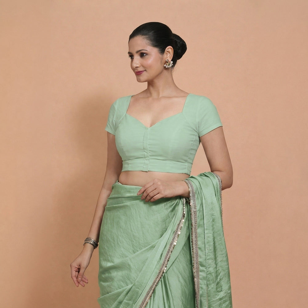 Mansi x Rozaana | Short Sleeves Light Sage Cotton Saree Blouse