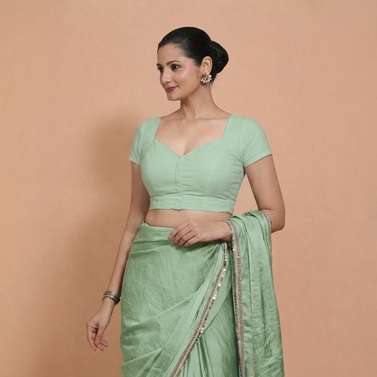 Mansi x Rozaana Saree Blouse, in Green 100% Cotton, featuring short sleeves and sweetheart neckline, made for daily & work.