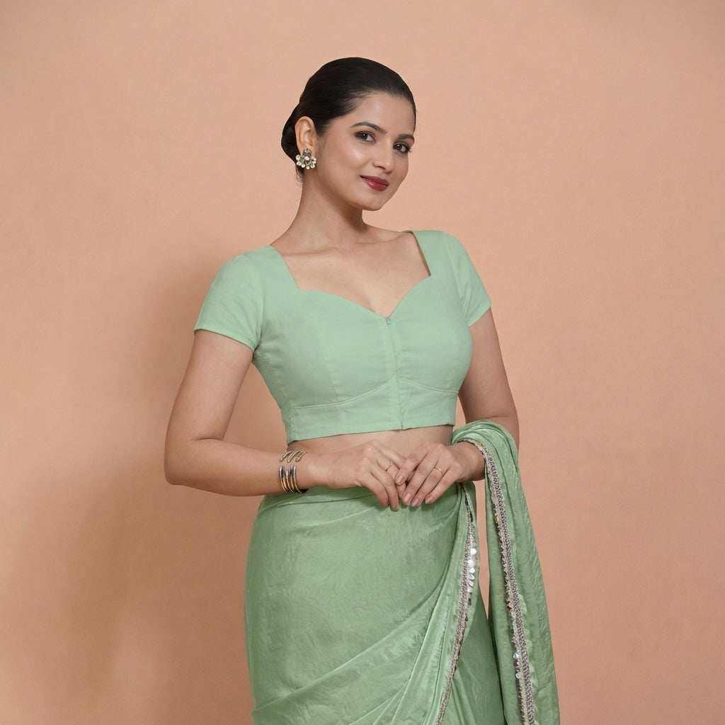 Mansi x Rozaana Saree Blouse, in Green 100% Cotton, featuring short sleeves and sweetheart neckline, made for daily & work.