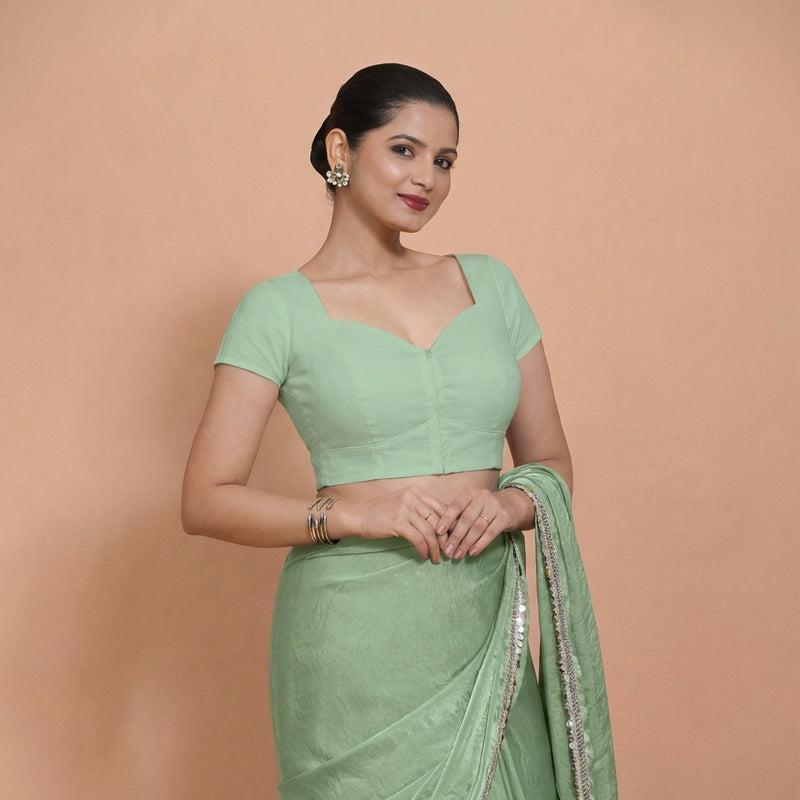 Mansi x Rozaana | Short Sleeves Light Sage Cotton Saree Blouse-Binks