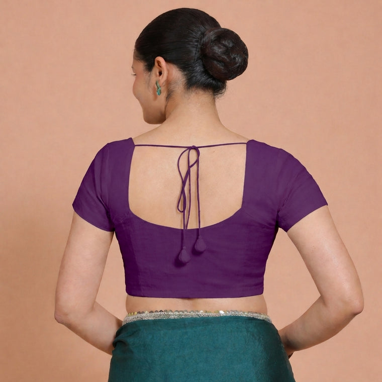 Mansi x Rozaana Saree Blouse, in Purple 100% Cotton, featuring short sleeves and sweetheart neckline, made for daily & work.