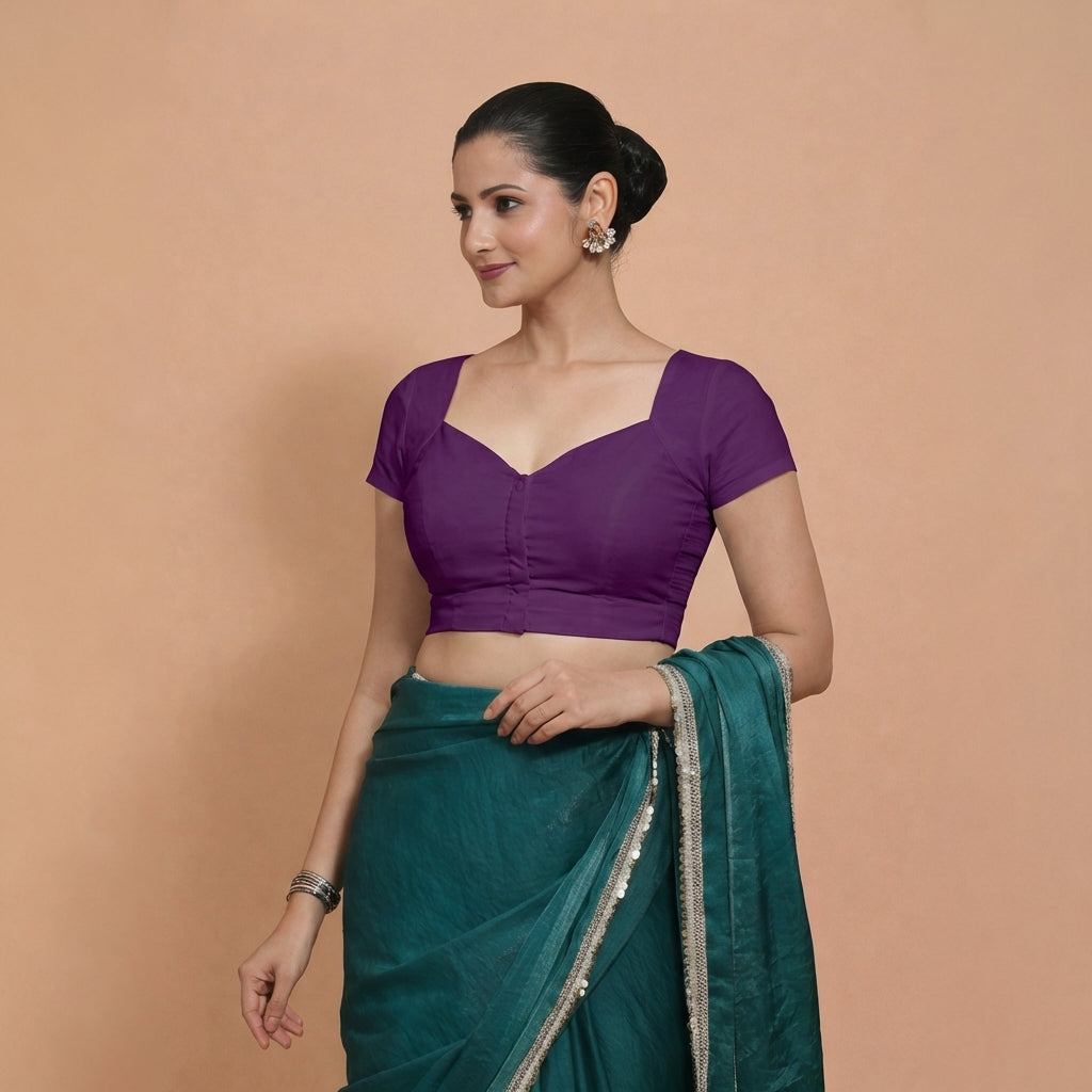 Mansi x Rozaana Saree Blouse, in Purple 100% Cotton, featuring short sleeves and sweetheart neckline, made for daily & work.