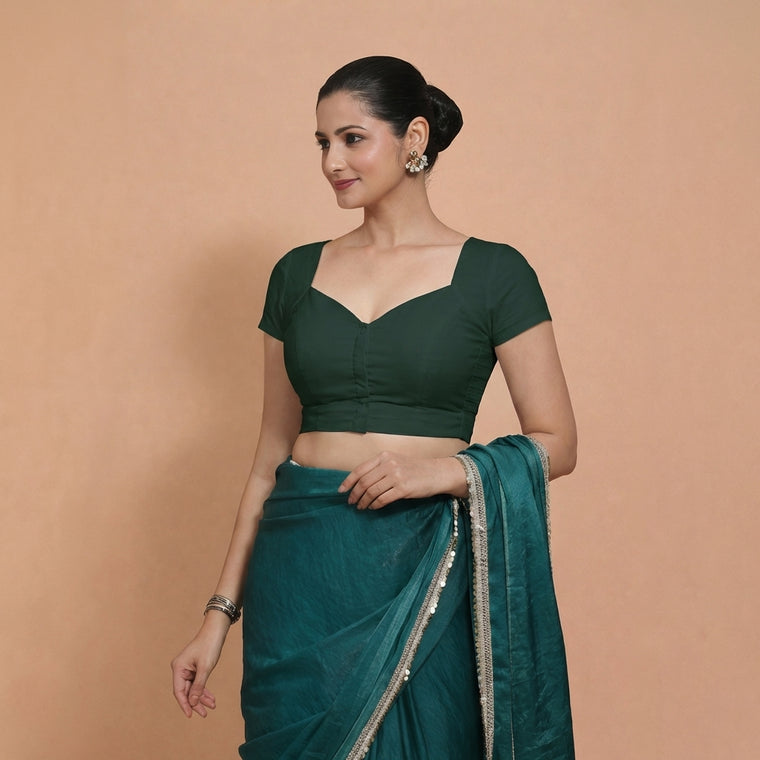 Mansi x Rozaana Saree Blouse, in Green 100% Cotton, featuring short sleeves and sweetheart neckline, made for daily & work.