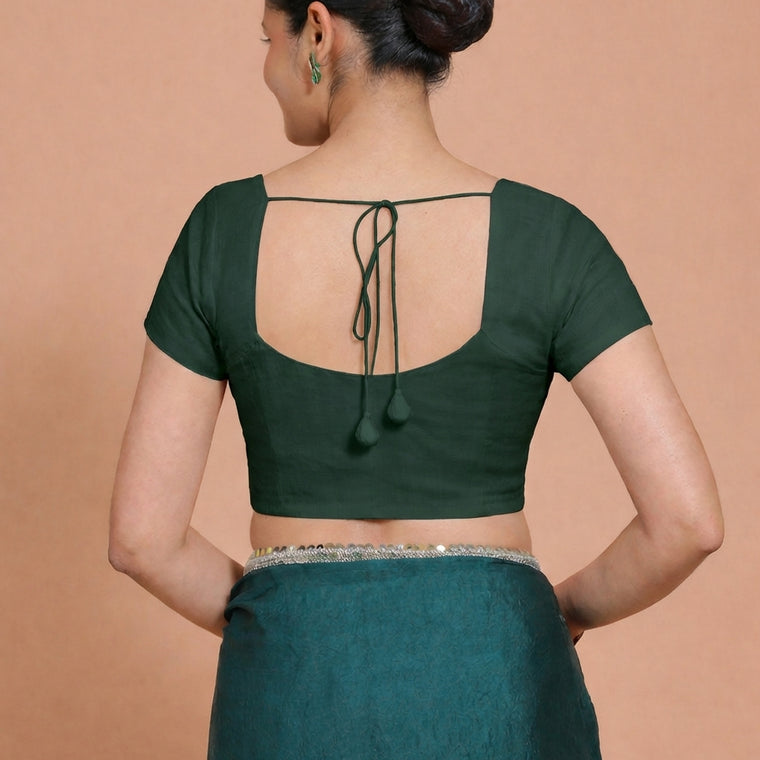 Mansi x Rozaana Saree Blouse, in Green 100% Cotton, featuring short sleeves and sweetheart neckline, made for daily & work.