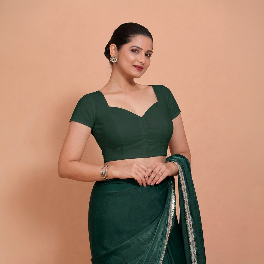 Mansi x Rozaana Saree Blouse, in Green 100% Cotton, featuring short sleeves and sweetheart neckline, made for daily & work.