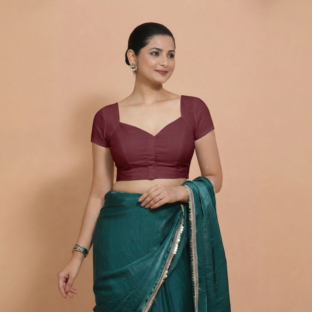 Mansi x Rozaana | Short Sleeves Royal Maroon Cotton Saree Blouse
