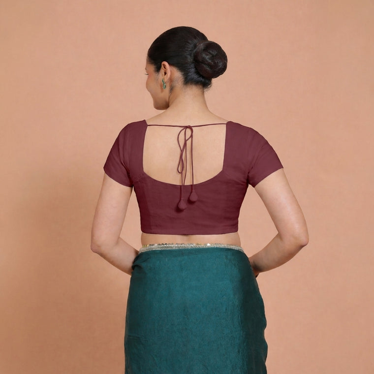 Mansi x Rozaana Saree Blouse, in Maroon 100% Cotton, featuring short sleeves and sweetheart neckline, made for daily & work.