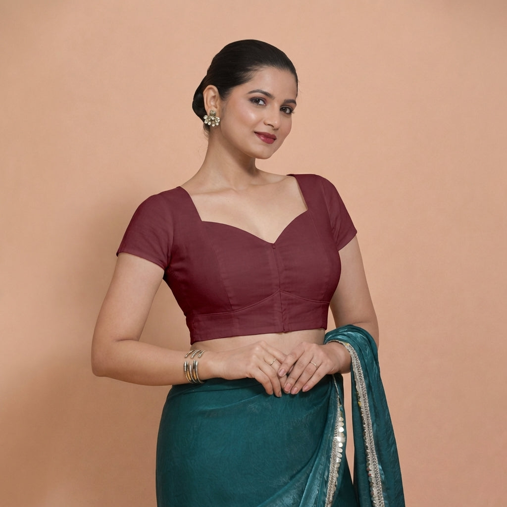 Mansi x Rozaana Saree Blouse, in Maroon 100% Cotton, featuring short sleeves and sweetheart neckline, made for daily & work.