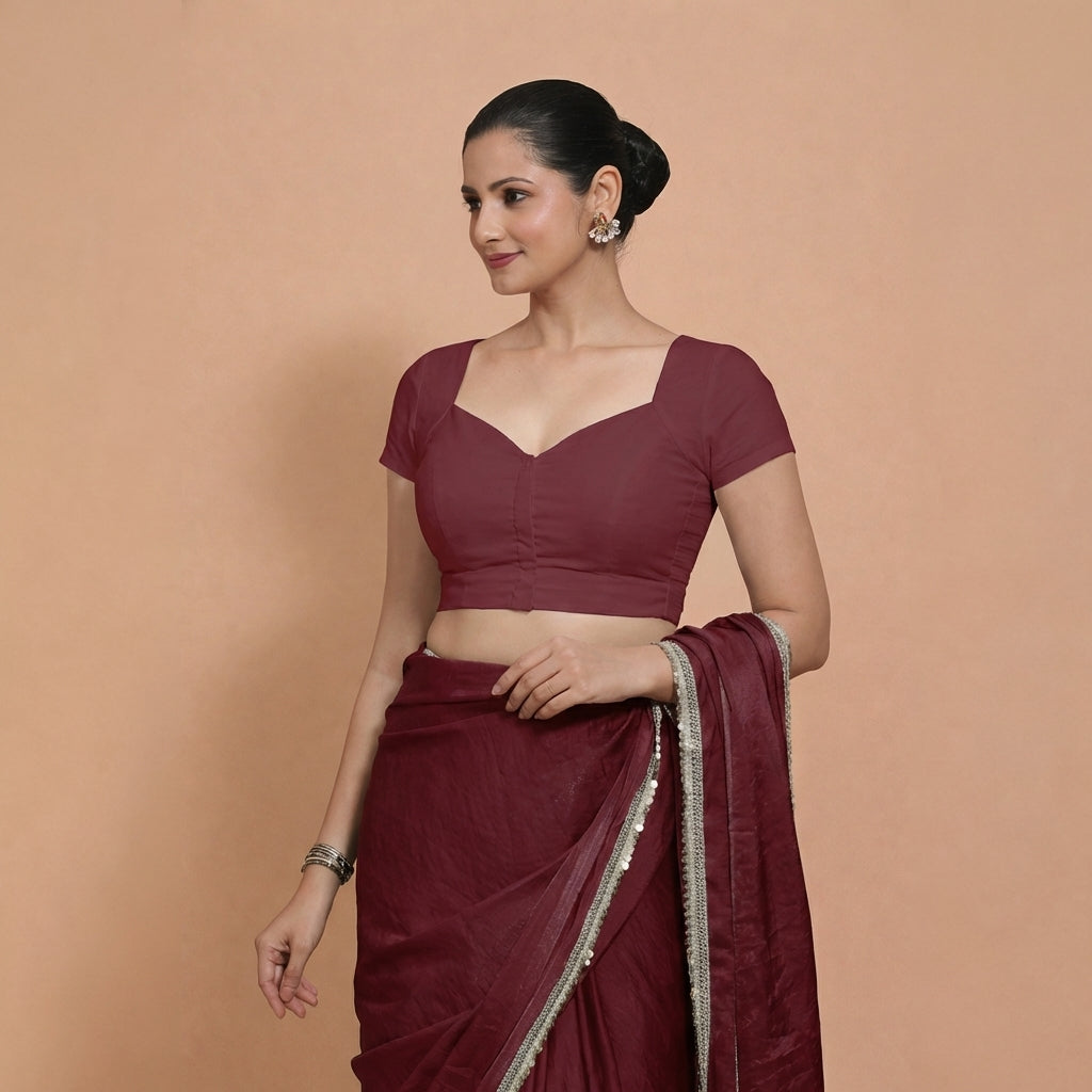 Mansi x Rozaana Saree Blouse, in Maroon 100% Cotton, featuring short sleeves and sweetheart neckline, made for daily & work.