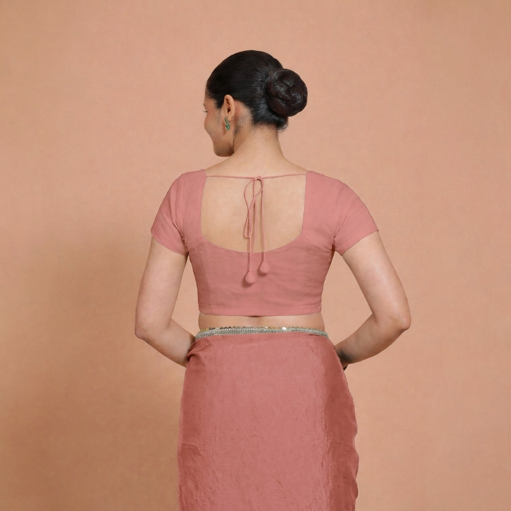 Mansi x Rozaana Saree Blouse, in Peach 100% Cotton, featuring short sleeves and sweetheart neckline, made for daily & work.