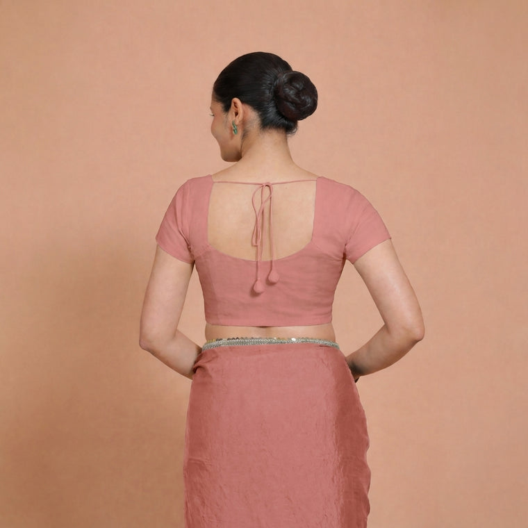 Mansi x Rozaana Saree Blouse, in Peach 100% Cotton, featuring short sleeves and sweetheart neckline, made for daily & work.